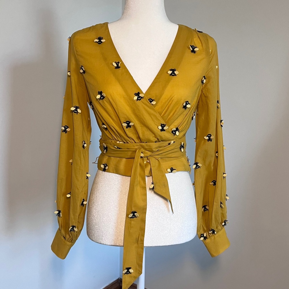 Maeve Anthropologie Bee Embroidered Wrap Top Womens 2 Yellow Cottagecore Blouse